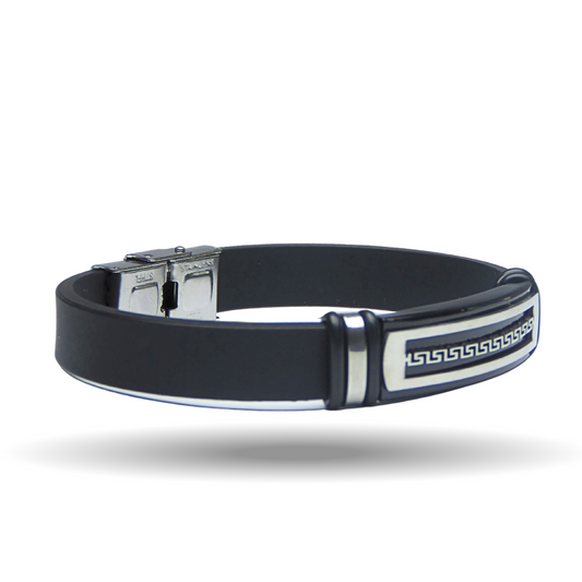 Men's Black Leather Bracelet | with Stainless Steel Greek | Key Design