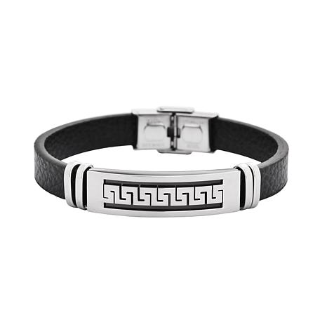Men's Black Leather Bracelet | with Stainless Steel Greek | Key Design