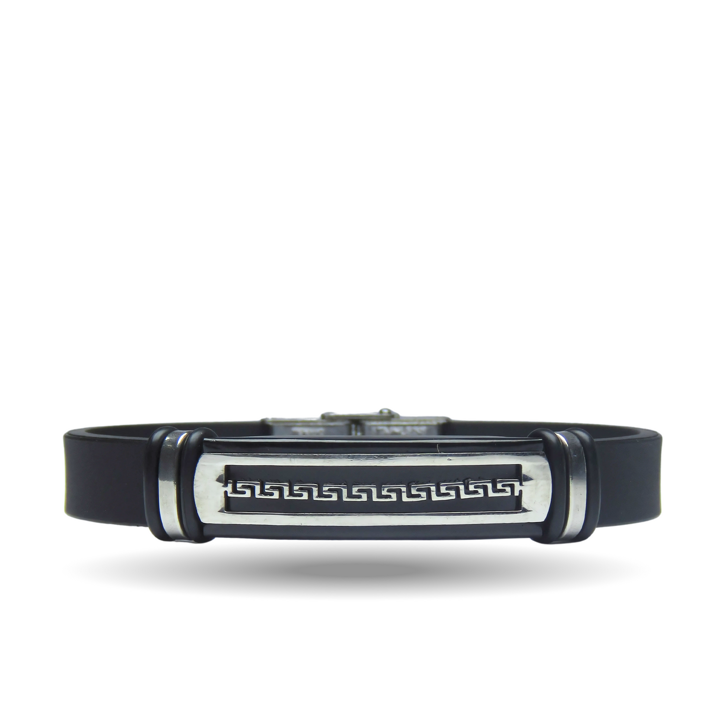 Men's Black Leather Bracelet | with Stainless Steel Greek | Key Design