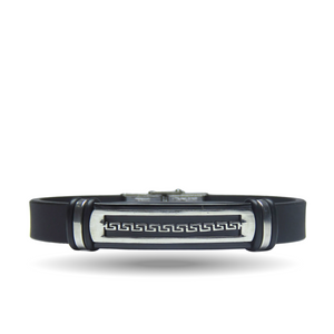 Men's Black Leather Bracelet | with Stainless Steel Greek | Key Design