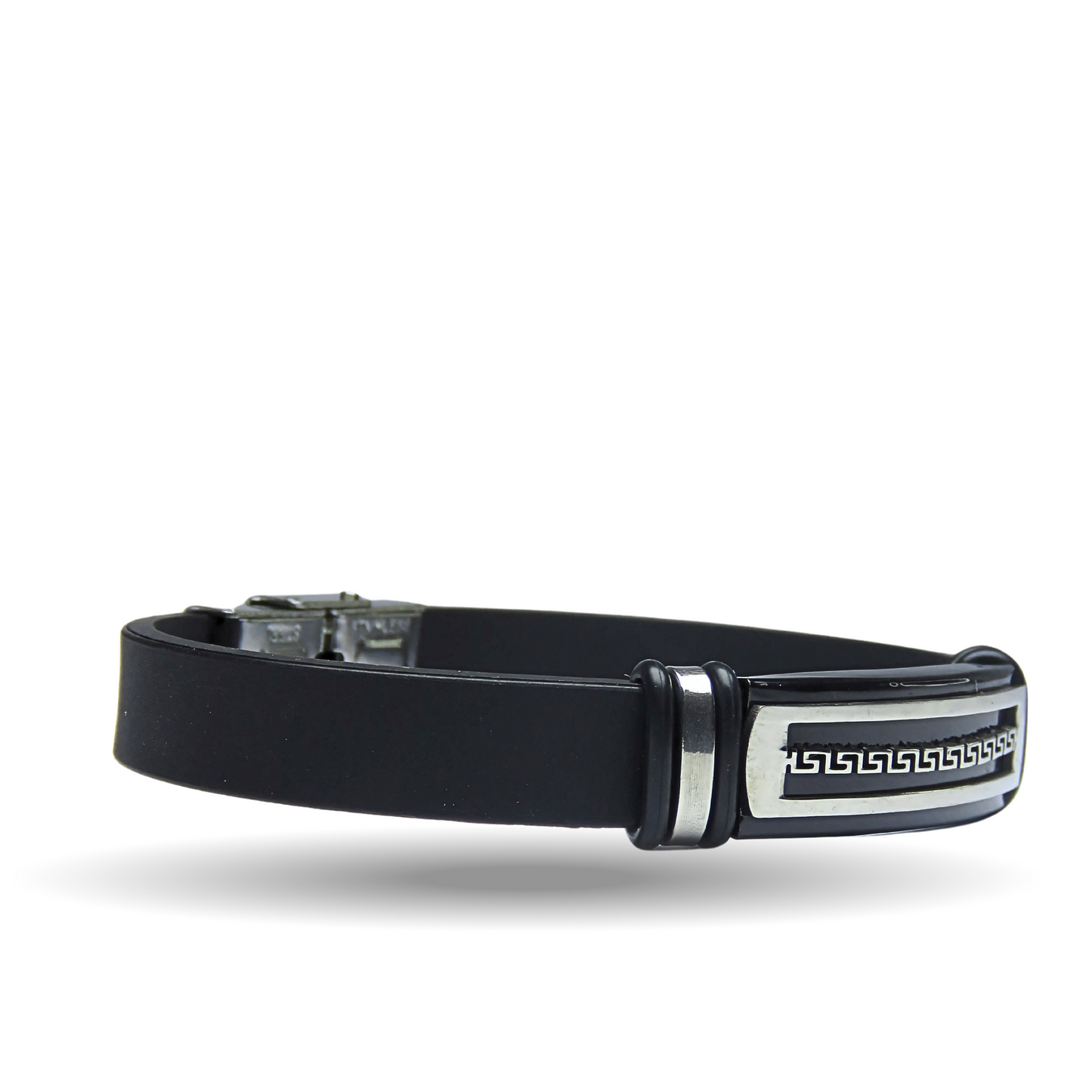 Men's Black Leather Bracelet | with Stainless Steel Greek | Key Design