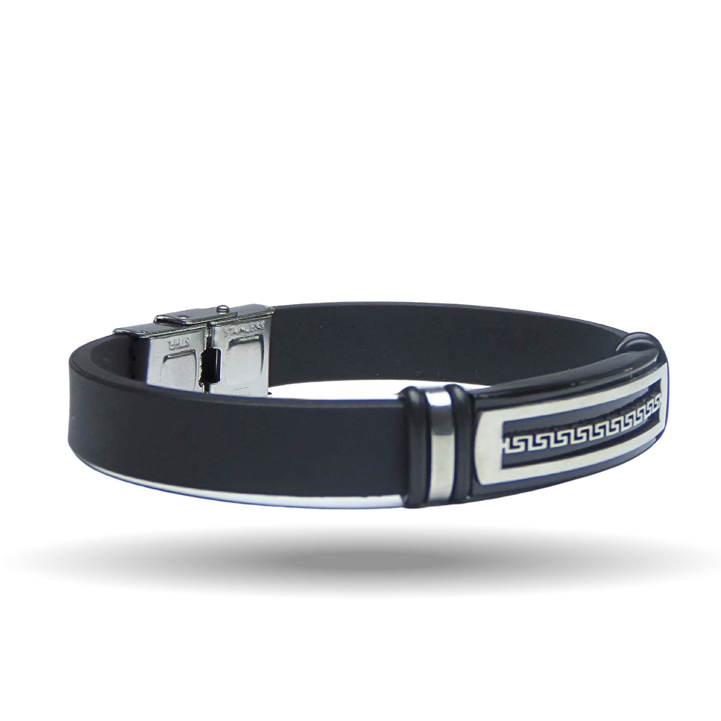 Men's Black Leather Bracelet | with Stainless Steel Greek | Key Design