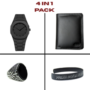 "Aura Black Watch | Ayat ul Kursi Bracelet | Turkish Ring | Premium Leather Wallet – 4-in-1 Deal"