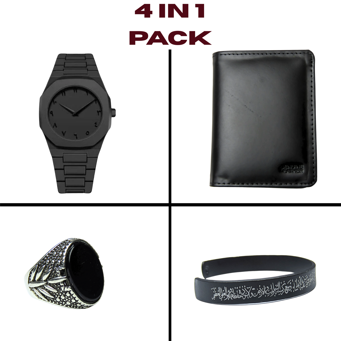 "Aura Black Watch | Ayat ul Kursi Bracelet | Turkish Ring | Premium Leather Wallet – 4-in-1 Deal"