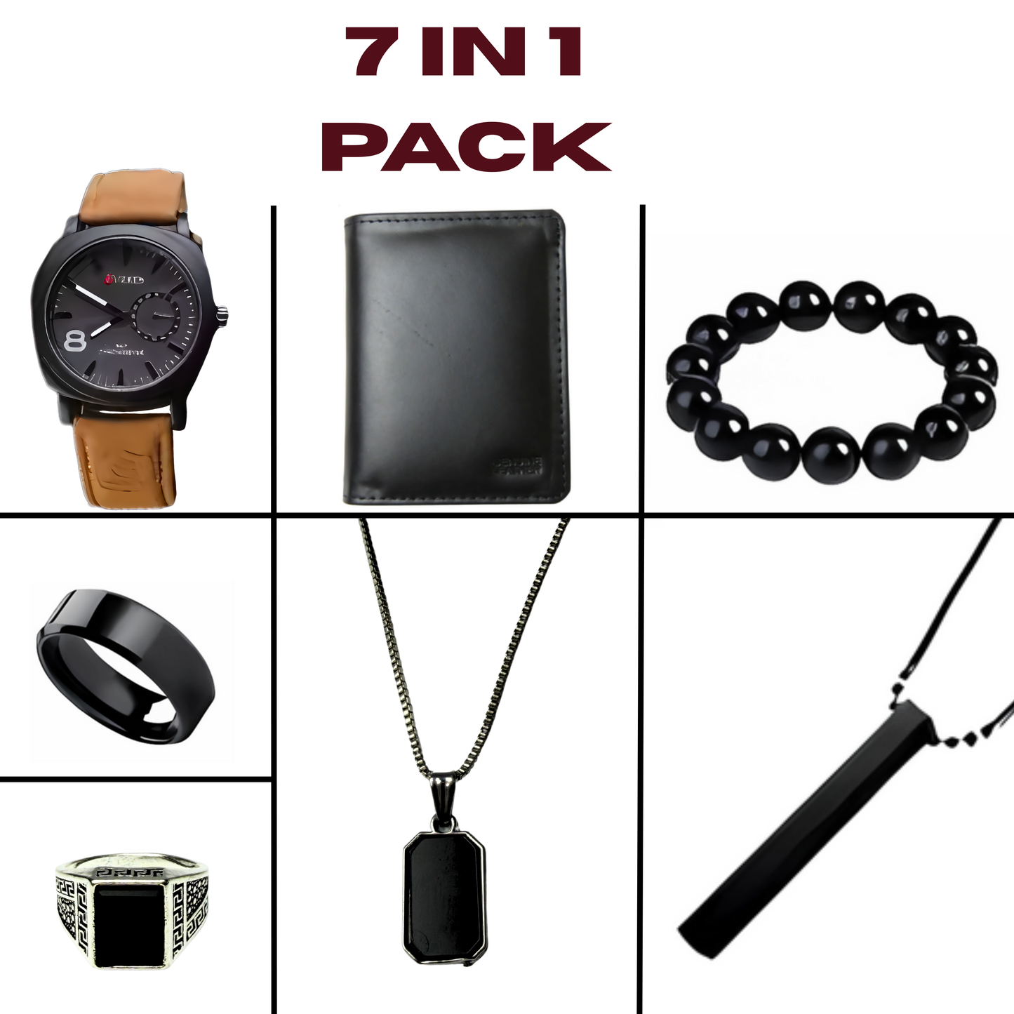 7 in 1 Premium Men's Gift Set – Watch, Ring, Wallet, Bracelet, Turkish Ring, T-Chain, Shadow Octane Necklace