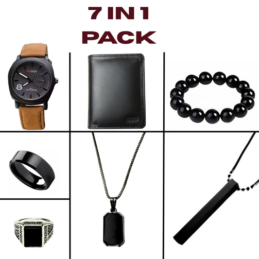 7 in 1 Premium Men's Gift Set – Watch, Ring, Wallet, Bracelet, Turkish Ring, T-Chain, Shadow Octane Necklace